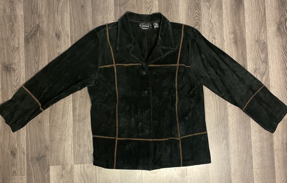 Vintage Selene Sport Black Suede Leather Jacket Contrast Stitch Boho Women's 2X